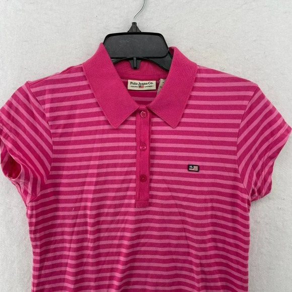 Polo Ralph Lauren Shirt Women's Sz M Pink Stripped 3-Button Collared Vented Hem - Picture 5 of 11